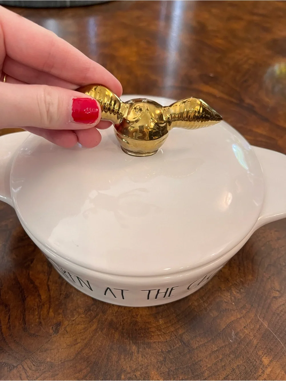 Rae Dunn White Ceramic Covered Dish with Gold Handle